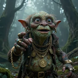 Gollum wearing many rings and many gold chains and many medallions in a dark forest, cinematic, foggy atmosphere, greed, excitement, photograph, photorealistic