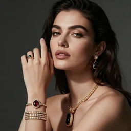 Photo of a hand Jewellery model, bold, self confidence, cinematic, light makeup focus
