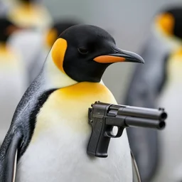 penguin with a gun, noot noot, close up, very detailed, 4k