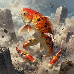 a giant koi fish Kaiju smashing through skyscrapers, koi fish Kaiju with two legs and two arms, digital painting, masterpiece, by Ilya Kuvshinov, Hayao Miyazaki, Kentaro Miura, Thomas Kinkade, Greg Rutkowski, gorgeous, beautiful, cinematic, dynamic volumetric lighting, dust clouds and building debris, intense, dramatic
