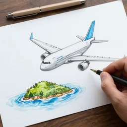 plane flying to island sketch