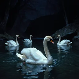 dark eerie movie frame, greek fantasy panorama, elegant shining swan in the magic shining river styx, at night, otherworldly, stanley kubrick, lomography, 1 7 mm, wide shot, surreal, deep