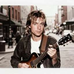 night flash portrait photography of kurt cobain on the lower east side by annie leibovitz, colorful!!, nighttime!, raining!