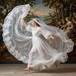 lady with a long and majestic white semi-transparent cotton dress is running and merged with a large warp ornate white cotton semi-transparent veils wonderful renaissance panorama behind her,meredit frampton style--8k
