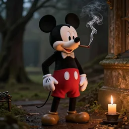 “Sherlock Holmes smoking tobacco in a Mickey Mouse costume in candle light”