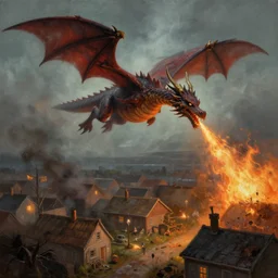 a large double headed dragon flying above a mid century village and blowing fire and waste to the buildings below. Moody paining trending on artstation