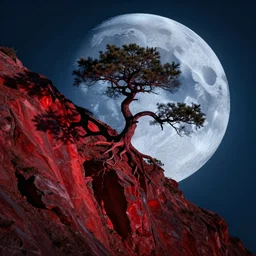 a tree crawling up a mountain on the moon blue and red