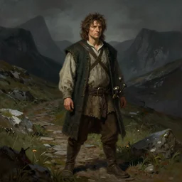 a portrait of a male hobbit rogue on a dark mountain trail, concept art, dndart, fantasy portrait, 4 k, hires, art by lucian freud and and artgerm