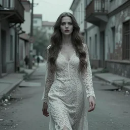 cinestill 5 0 d wide portrait of a dreamy dystopian beautiful woman by annie liebovitz walking in a decrepit communist street, long hair, wearing long lace, elegant, highly detailed, pale scary matt, soft blur, artstation, sharp focus, head in focus