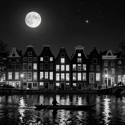 Dutch houses along a river, silhouette!!!, A single circular white full moon, black sky with stars, a mixture of soft glowing windows, stars in the sky, b&w!, Reflections on the river, a man is punting, flat!!, Front profile!!!!, HDR, soft!!, street lanterns glow, shimmers, 1904, illustration, shadowy figures, concept art,