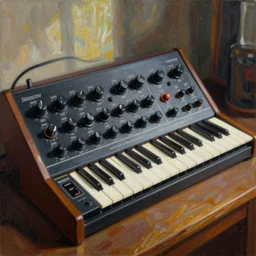 impressionist painting of a moog modular synthesizer, high contrast, cartoon edges, 70s album cover art