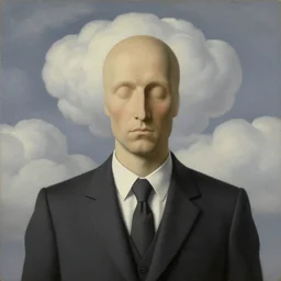 portrait of headless man in a suit, clouds in the background, by rene magritte, detailed painting, distance, middle centered, hd, hq, high resolution, high detail, 4 k, 8 k