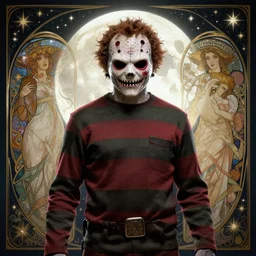 freddy krueger surrounded by starlight, moon behind him, fantasy, intricate, elegant, hyper detailed, ultra definition, photoreal, artstation, unreal engine rendered, concept art, smooth, sharp focus, illustration, art by artgerm and pendleton ward and alphonse mucha and garis edelweiss