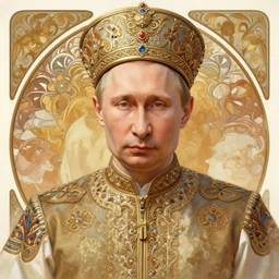 a portrait of putin, upper half portrait, decorated with russian motifs, traditional russia, intricate, elegant, highly detailed, symmetry, headpiece, digital painting, artstation concept art smooth sharp focus, illustration, art by artgerm and greg rutkowski alphonse mucha 8 k