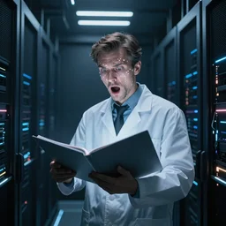 futuristic scientist is holding a folder, he is in shock, dark building of server room, neon light, the folder glows and lights up his face, dramatic lighting, ethereal, stunning, breathtaking, awe - inspiring award - winning, 8 k
