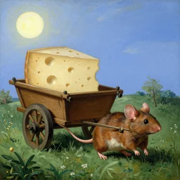 baroque painting of a mouse in a meadow pulling a wooden two wheels cart loaded with a large piece of holed cheese, in the background is a blue sky with a bright sun, by michael sowa