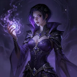 a beautiful cinematic female Necromancer Sorceress, galatic shamen with Quantum energy fantasy, fantasy magic, short purple black fade hair, undercut hairstyle, dark light night, intricate, elegant, sharp focus, illustration, highly detailed, digital painting, concept art, matte, art by WLOP and Artgerm and Greg Rutkowski and Alphonse Mucha, masterpiece