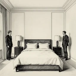 luxury bedroom by dan mumford and peter doig and edward hopper, symmetrical, minimal, black ink, thick lines highly detailed, muted colours 8 k