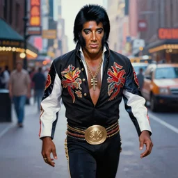 beautiful lifelike painting of black elvis rockstar walking down broadway, hyperreal detailed facial features and uv lighting, art by ed roth and basil wolverton
