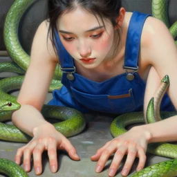 3 d, close - up, fashion model in a blue factory worker's overalls face looking down at the floor eyes sad tentacles instead of hands, green snakes background, soft light, smooth face feature, intricate oil painting, high detail illustration, sharp high detail, manga and anime 1 9 9 9