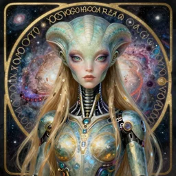 detailed realistic beautiful young cher alien robot as queen of andromeda galaxy portrait by jean delville, gustave dore and marco mazzoni, art nouveau, symbolist, visionary, baroque, giant fractal details. horizontal symmetry by zdzisław beksinski, iris van herpen, raymond swanland and alphonse mucha. highly detailed, hyper - real, beautiful!
