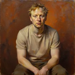 detailed full body portrait of vitalik buterin, realistic face sculpted features, statuesque model, plain untucked shirt, seated, tousled hair, warm cast, bathed in light, filmic, chiaroscuro, bas relief, specular highlights, angular impressionism, radiant, deep rich tones, contemporary art, oil on canvas