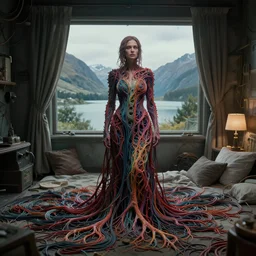 rgb, woman, cinematic, movie scene, inspired by zdzislaw beksinski, new zealand landscape, clothes made out of veins,, cables everywhere, bedroom, ultra realistic, concept art, intricate details, highly detailed, photorealistic, octane render, 8 k