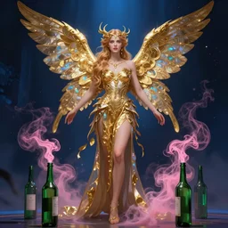 beautiful fairy, golden wings, pink smoke, green bottles, full body shot, dark blue lights, Dan Mumford, Peter Mohrbacher, Alfons Mucha, epic fantasy character, D&D character, detailed illustration, hd, 4k, digital art, overdetailed art, concept art, trending on artstation