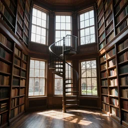 intimate detailed hall full of windows streaming sunlight, spiralling staircase and shelves full of books, strong shadows, full colour, hyper realistic photo, unreal engine, upscale, 8 k, masterpiece,