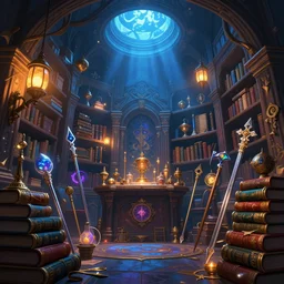a magicians chamber, filled with books, magic artifacs and magic weapons, lanterns, light from above, blue toned, low angle, glowing lights, epic fantasy, colorfully, detailed illustration, digital art, highly saturated colors, overdetailed art, concept art, detailed illustration, hd, 4 k, digital art, greg rutkowski, trending on artstation