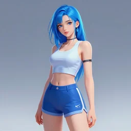 digital illustration of cyberpunk pretty girl with blue hair, wearing a tank top and shorts, wearing nike air mags, full body pose, in city street at night, by makoto shinkai, ilya kuvshinov, lois van baarle, rossdraws, basquiat