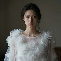 hight focus f - 2 2, 8 5 mm, iso 1 0 0 : a wonderful realistic focused mid portrait of a lonely woman with a detailed wonderful symmetrical face who is dressed with a wonderful, majestic, large semi transparent white cotton dress ornate with semi transparent cotton roses, dramatic light, octane render, by roberto ferri style