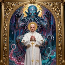 pope priest in front of a cthulhu within a viscosity fluid lovecraft portal, shiny colors, high - key lighting, beautiful composition, intricate, elegant, pro photography by, highly detailed, art by artgerm and greg rutkowski and alphonse mucha