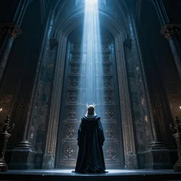 a wizard in a cloak standing in front of a portal to wisdom, tall door, high ceiling, magic light, light beam, cinematic atmosphere, high definition, ultra detailed