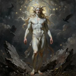 A stunning, breathtaking, awe-inspiring, award-winning, ground breaking, concept art nouveau painting of Lucifer, sophisticated well rounded face, bright glowing eyes, slender body, porcelain looking skin, standing tall  invincible over the remains of Heaven, by Michelangelo, dark fantasy, exquisite, intricate, dramatic, hyperrealist, atmospheric, cinematic, trending on ArtStation , 8k
