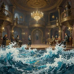steampunk ballroom filling with water, waves sloshing around, wide shot, cinematic, realistic painting