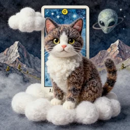 a ultradetailed watercolor art of cat with wool felting clouds illustration by nico delort, alien mountains background, 4 k resolution, matte painting, tarot card style, nasa photo