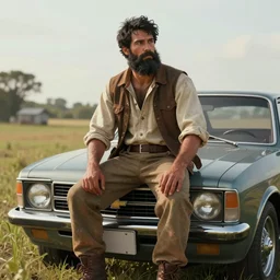 a man wearing lumberjack clothes sitting on a chevrolet opala in a farm, digital painting, masterpiece, digital art, concept art, octane render, unreal engine 5, trending on deviantart, highly detailed, high quality, 4 k, realistic and detailed face, anatomically correct, five fingers, cinematic, high coherence, serene scene, soft lighting, path traced, beautiful, elegant, short black hair, big beard
