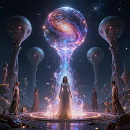 simulation theory, dream, machine, futurism, galaxy orbs, thoughts in the void, sparks, eternity, holy place, universe, magical, mysterious, coordinates, perfect woman, nebula giants, ancient aliens, masterpiece, energy generator, highly detailed, artstation, glow, art by vladimir motsar and ismail inceoglu and nicholas cort and paul pepera