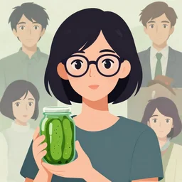 a girl with short hair and dark rim glasses, holding a pickle jar, clean cel shaded vector art. shutterstock. behance hd by lois van baarle, artgerm, helen huang, by makoto shinkai and ilya kuvshinov, rossdraws, illustration