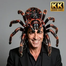 ringo starr wearing a giant tarantula as a hat, grinning, professional studio photograph, 4 k