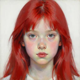 high quality high detail painting by lucian freud, hd, beautiful young girl portrait, big eyes, alizarin crimson and white, photorealistic lighting