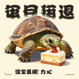 an inspiring poster of a turtle. turtle is eating cake. masterpiece, featured on artgem