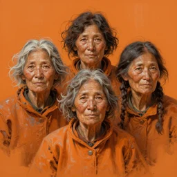 orange complementary colours, painted portrait of three rugged old homeless women by ruan jia greg rutkowski, unkempt hair, clear face feminine females mature sensual beautiful homeless fantasy intricate elegant detailed digital painting, concept art artstation sharp focus illustration
