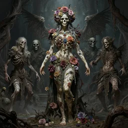 feminine skull goddess covered in flowers art by wayne barlowe, noah bradley, patrick woodroffe, dariusz zawadzki. extremely high details, realistic, masterpiece, gothic horror artstation contest winner cinematic detailed and intricate environment