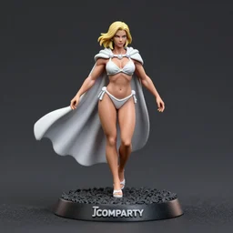 80mm resin detailed miniature of a Very Muscular Queen, long white cape, bikini-armor, light skin, short blonde hair, on textured disc base, Company Logo; Miniature product Photo, 4K, Front view