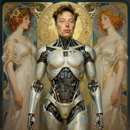 1960s Neo Rococo Expressionist, 1960s orientalism, diffuse lighting, fantasy, intricate, elegant, highly detailed, lifelike, photorealistic, digital painting, artstation, illustration, concept art, smooth, sharp focus, Elon Musk as a cyborg, art by John Collier and Albert Aublet and Krenz Cushart and Artem Demura and Alphonse Mucha