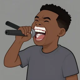 a black man singing with all teeth shown, cartoonish