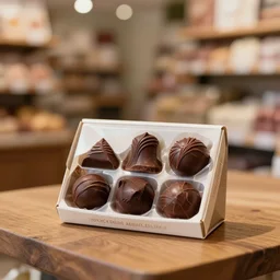 5 5 mm photo, of freshly milk french roast chocolate dark chocolate by phillip ashley on gift box on a wooden table in a candy store. dof. bokeh. magical atmosphere. art by greg rutkowski. highly detailed 8 k. intricate. lifelike. soft light. nikon d 8 5 0.