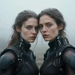 cinestill 5 0 d photographic portrait by helen levitt of two loving female androids wearing rugged black mesh techwear in a foggy, extreme closeup, modern cyberpunk, dust storm, 8 k, hd, high resolution, 3 5 mm, f / 3 2, ultra realistic faces, intricate detail, ex machina